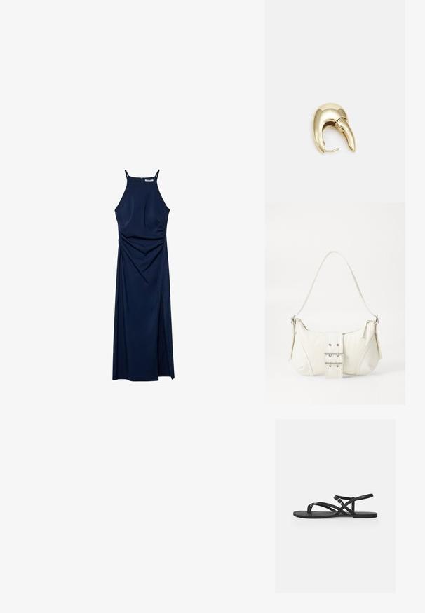 Laivasilkkinen hihaton mekko, jossa on vartalonmyötäinen yläosa, verhoillut sivuompeleet ja sivuraoitti. Sileä kangas ja vetoketjukiinnitys takana.; Mustat sandaalit litteillä pohjilla, joissa on useita ohuita nauhoja ja solk yksityiskohta. Tasainen pinta ja minimalistinen muotoilu.; Valkoinen olkalaukku, jossa on teksturoitu pinta, keskeinen solkiyksityiskohta ja kaareva muoto. Vetoketjusulkimet kummallakin puolella.; Kultahipuinen korvakoru, jossa on sulavalinjainen, kaareva muotoilu. Ominaisuuksiin kuuluu erottuva terävä muoto, kiillotettu pinta ja sarana kiinnitys.