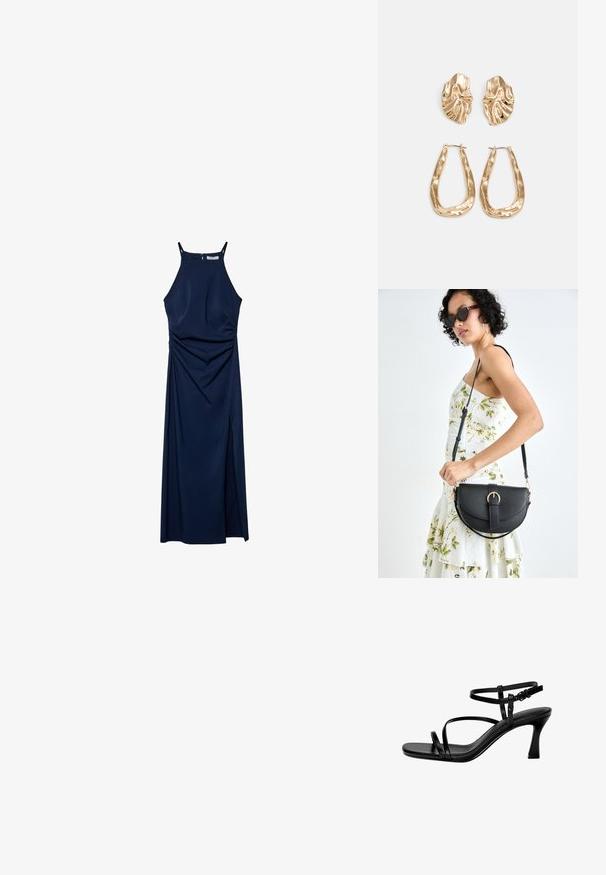 Námořnická modrá bezrukávová šaty s přiléhavým korzetem, splývavými bočními detaily a bočním rozparkem. Hladká tkanina a zapínání na zip na zadní straně.; Černé kožené sandály na podpatku s tenkými pásky, čtveratou špičkou a jehlovým podpatkem. Nastavitelný pás kolem kotníku pro lepší přizpůsobení. Hladký povrch.; Černá kožená kabelka s křivkovým tvarem, odnímatelným popruhem a zlatými detaily. Kabelka má klopu s přezkou.; Náušnice ve zlatém tónu s texturovanými, vlnitými tvary. Obsahují sochařské klipy a design otevřeného kruhu s kladivkovým povrchem.