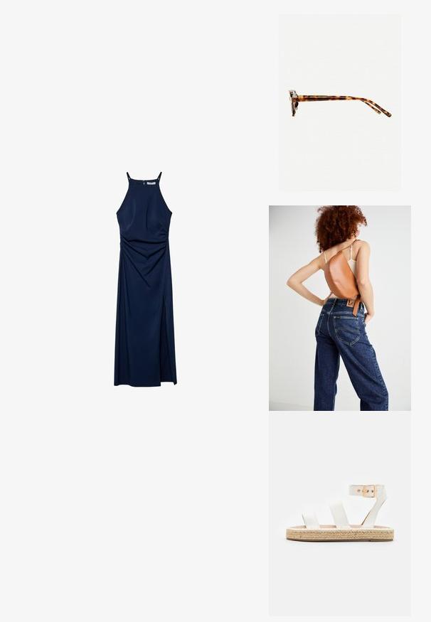 Granatowa sukienka bez rękawów z dopasowanym topem, drapowanymi detalami po bokach i rozcięciem z boku. Gładki materiał i zamek z tyłu.; Białe skórzane sandały z trzema szerokimi paskami, zapięciem na kostce i podeszwą owiniętą juty. Płaski design o naturalnej teksturze.; Okulary przeciwsłoneczne w kratkę w grubej oprawie, lekko zakrzywionymi zausznikami i gładką teksturą. Charakteryzują się klasycznym wzornictwem i błyszczącym wykończeniem.; Brązowy skórzany plecak o unikalnym krzywym wzorze. Noszony w ukos, w połączeniu z wysokimi niebieskimi dżinsami z żółtymi przeszyciami.