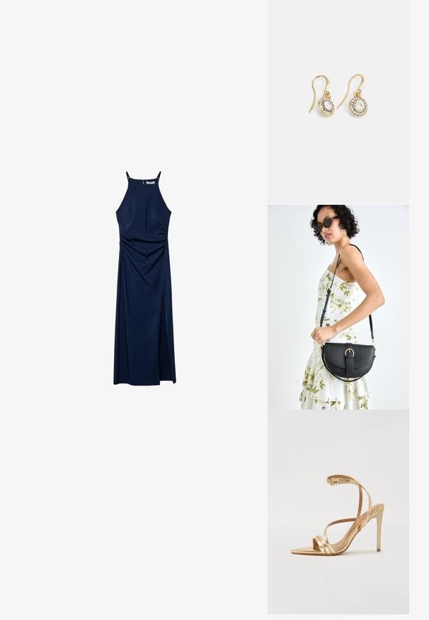 Granatowa sukienka bez rękawów z dopasowanym topem, drapowanymi detalami po bokach i rozcięciem z boku. Gładki materiał i zamek z tyłu.; Even&Odd - Sandały na obcasie; Czarna skórzana torebka o zakrzywionym kształcie, z odpinanym paskiem i złotymi akcentami. Torebka posiada klapę z zapięciem w kształcie klamry.; Złote kolczyki z owalnymi przezroczystymi kryształami otoczonymi mniejszymi przezroczystymi kamieniami, z zapięciem w formie haka zapewniającym bezpieczne noszenie.