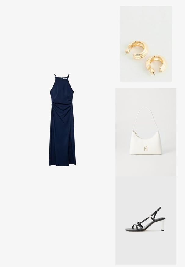 Robe sans manches bleu marine avec un corsage ajusté, des détails drapés sur le côté et une fente latérale. Tissu lisse et fermeture éclair au dos.; Sandales à talons noirs avec plusieurs fines lanières, un design slingback et un accent argenté sur le talon. Matière supérieure lisse et talon carré.; Sac à main blanc à la forme courbée et à la texture lisse. Présente un accent de logo doré et une fermeture éclair. Bandoulière ajustable.; Boucles d'oreilles créoles dorées avec une finition polie, dotées d'un design strié et d'une fermeture à tige. Forme ronde et épaisse.