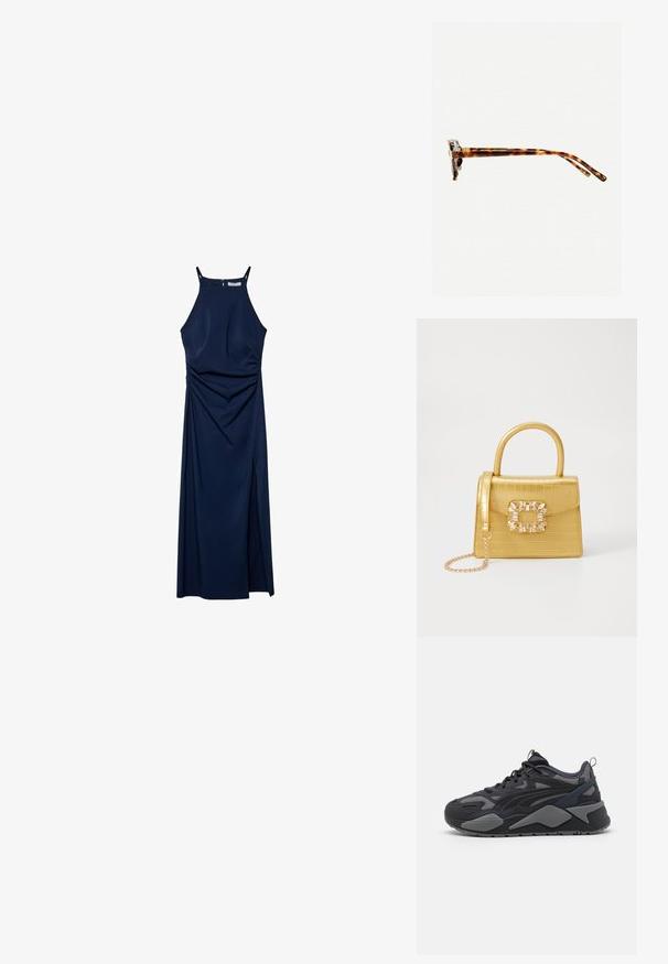 Mörkblå ärmlös klänning med en figursydd bodice, draperade sidodetaljer och en sidoklyvning. Slät tyg och dragkedjestängning bak.; Svarta sportskor i ett nät- och textilmaterial med grå detaljer, en kraftig sula och distinkta designlinjer.; Sköldpaddsmönstrade solglasögon med en tjock ram, lätt böjda skalmar och en jämn yta. Har en klassisk design med en glansig finish.; Gul faux-krokodilhandväska med en strukturerad design, topphandtag, avtagbar kedjesladd och dekorativa kristalldekorationer på klämman.