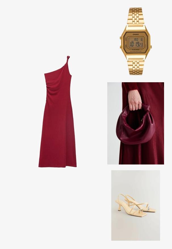 Een een-schouder, geplooide rode jurk met een vloeiende silhouet, ideaal voor formele gelegenheden of avondkleding.; Beige hakken sandalen met een vierkante neus, dunne bandjes en een metallic accent op de neus. Hoge, blokhak voor stabiliteit.; Bordeaux leren handtas met een zacht, gegathered ontwerp en een ronde vorm. De handgreep is stevig bevestigd en toont een gladde textuur.; Gouden digitale klok met een rechthoekige wijzerplaat, LCD-display, roestvrijstalen band en knoppen aan de zijkant. Bevat een waterdicht label.