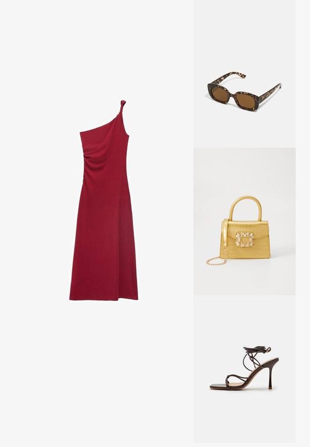 Rochie roșie cu un umăr, cu plii, având o siluetă fluidă, ideală pentru ocazii formale sau îmbrăcăminte de seară.; Simmi London MACIA - Sandale cu toc - chocolate; Ochelari de soare cu chelă de broască țestoasă, având un cadru rotund și voluminos, cu lentile maro. Prezintă modele subtile și brațe drepte, conice.; Geantă galbenă din faux-crocodil cu un design structurat, mână superioară, curea detașabilă cu lanț și embellisment decorativ cu cristale pe închidere.; Mango Brăţară - gold-coloured