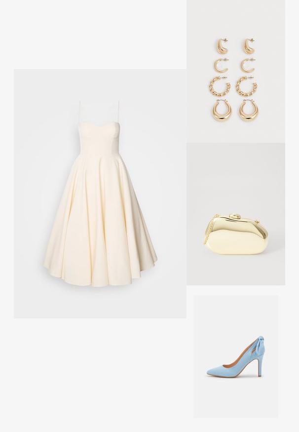 Čipkované šaty bez ramienok v krémovej farbe, s priliehavým telom, rozšírenou sukňou a hladkým povrchom. Jednoduchý a elegantný dizajn bez vzorov.; Svetlo modrá semišová vysoká topánka na opätku s špicatou špičkou a malou mašľou na zadnej strane. Má elegantný dizajn a béžovú stielku.; Kovová zlatá kabelka s hladkým, zaobleným tvarom, ktorá má horné zapínanie na gombík a malý reťazový popruh na nosenie.; Sada piatich zlatých náušníc s rôznymi dizajnami: skrútené, ryhované a hladké povrchy v tvaroch kruhu a pologule.