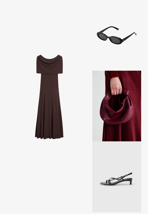 Massimo Dutti LONG STRAPLESS - Pouzdrové šaty - dark brown; Černé sandály s otevřenou špičkou a křížovými popruhy, s úzkým podpatkem a nastavitelnou sponou na kotníku. Vyrobené z hladkého syntetického materiálu.; Černé oversized sluneční brýle s oválnými čočkami, hladkým plastovým rámem a zlatými akcenty na spáncích. Tmavé čočky poskytují ochranu před sluncem.; Burgundská kožená kabelka s měkkým, nabíraným designem a zaobleným tvarem. Ucho je zajištěné a vykazuje hladkou texturu.