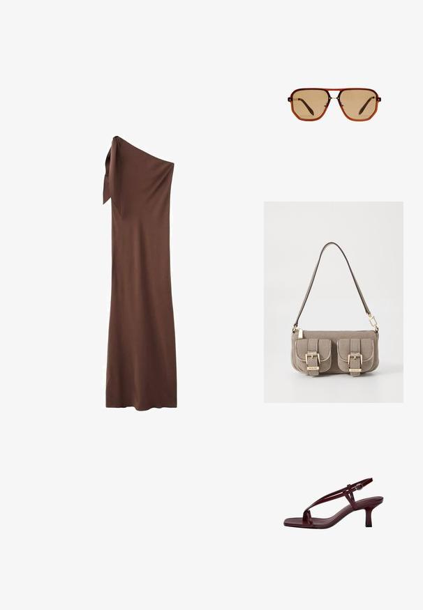 Abito marrone a spalla unica realizzato in tessuto morbido, caratterizzato da un dettaglio annodato sulla spalla e una silhouette lunga e fluida.; Sandali con tacco alto color bordeaux con punta quadrata, cinturini sottili e fibbia alla caviglia. Texture in pelle liscia e tacco a blocco snodato.; Occhiali da sole ottagonali marroni con montatura trasparente color ambra e lenti sfumate marroni. Caratterizzati da un accento metallico sul ponte e stecche sottili.; Borsa a tracolla beige con texture, cinturino regolabile, due tasche frontali chiuse da fibbie e dettagli in metallo dorato. Chiusura a zip nella parte superiore.