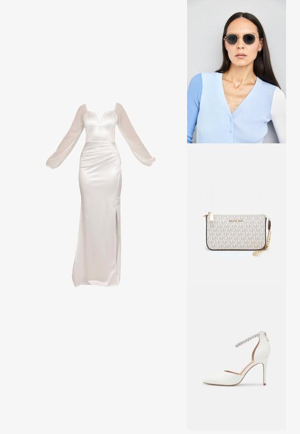Pitkähihainen valkoinen samettimekko, jossa on syvä V-pääntie, rypytetty vyötärö ja sivureikä, läpinäkyvillä ilmapallo-hihoilla ja tiukalla siluetilla.; Valkoinen korkokenkä, jossa on terävä kärkimuotoilu, nahkamateriaali, säädettävä nilkkahihna, johon on koristeltu kristalleilla, ja kapea stiletto-korko.; Pyöreät aurinkolasit, joissa on tummat linssit ja kultaiset kehykset. Mallilla on päällään vaaleansininen, ribatusta materiaalista valmistettu neuletakki, jossa on napit ja kontrastiväriset valkoiset hihat.; Michael Kors kääröbeige pinnoitettua kangasta, jossa on toistuva MK-logo -kuvio, kultaiset yksityiskohdat ja irrotettava ketjuhihna.