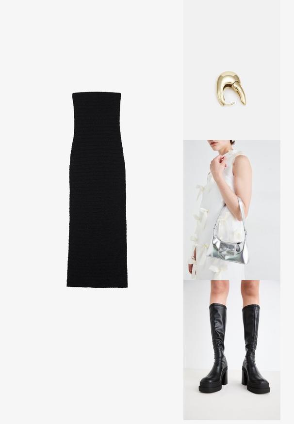 Must mustriga midi kleit, mis on valmistatud tekstuuritud kangast. Omab traksidega, sirget siluetti ning sujuvat, õmblusteta disaini.; Mustad kuni põlve saapad, mis on valmistatud siledast nahast, pakuvad paksu platvormi ja plokknina, ning neil on õmblustäited ääres.; Hõbedane metallik käekott struktureeritud kujuga, millel on ülemine sang ja ettepoole suunatud paeladetail. Sile tekstuur, peegeldav viimistlus.; Kuldtooni metallist kõrvarõngas, millel on elegantne ja kaarjas disain. Omab silmapaistvat teravat kuju, poleeritud pinda ja hingesulgemist.