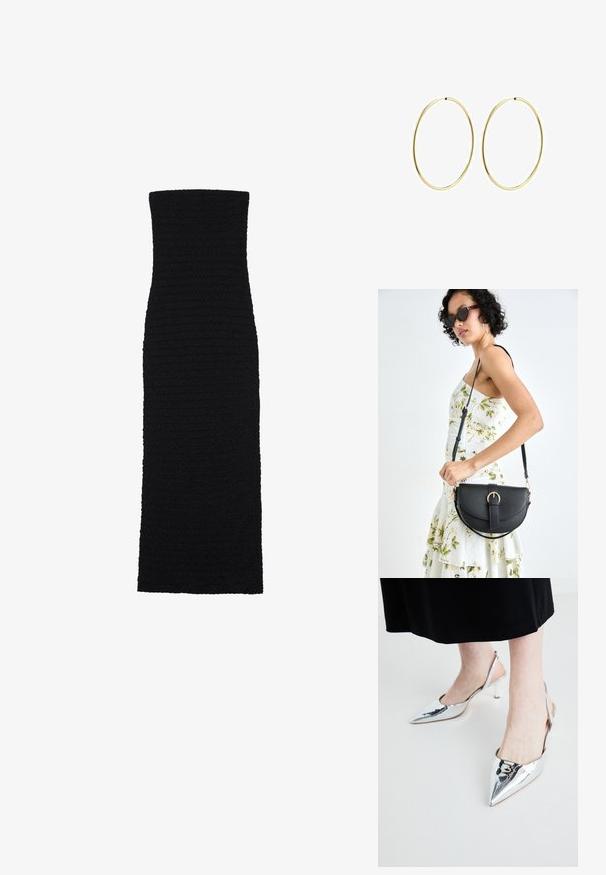 Melnas, pieguļošas midi kleitas izgatavotas no teksturēta auduma. Raksturīga bezsiksnas taisna silueta ar gludu, bezšuvju dizainu.; Sudrabaini, norādītu pirkstu siksnas apavi ar gludu apdari un plānu papēdi. Minimalistisks dizains ar vienmērīgu tekstūru un atvērtu aizmuguri.; Melnas ādas rokassoma ar izliekta formu, noņemamu siksnu un zelta aksesuāriem. Somai ir vāciņš ar sprādzes detaļu.; Zelta riņķa auskari ar gludu, noapaļu dizainu. Plāni un viegli, ar nepārtrauktu cilpu bez jebkādām rotājumām.