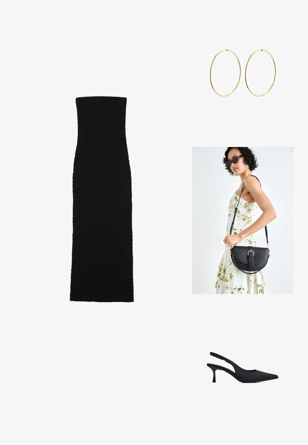 Black, fitted midi dress made of textured fabric. Features a strapless, straight silhouette with a smooth, seamless design.; Black slingback heels with a pointed toe, made of smooth material, featuring a low heel and a cut-out design on the sides.; Black leather handbag with a curved shape, detachable strap, and gold hardware. The bag features a flap with a buckle detail.; Gold hoop earrings with a smooth, rounded design. Thin and lightweight, featuring a continuous loop without any embellishments.