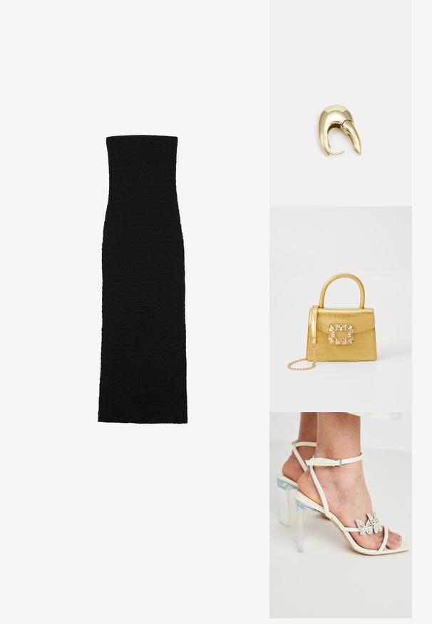 Schwarzes, eng anliegendes Midikleid aus strukturiertem Stoff. Es verfügt über eine schulterfreie, gerade Silhouette mit einem glatten, nahtlosen Design.; Weiße, geflochtene Absatzsandalen mit klaren, schimmernden Blockabsätzen und dekorativen Schmetterlingsakzenten an den Riemen. Glatte Lederstruktur.; Gelbe Kunstleder-Handtasche im Krokodil-Look mit strukturiertem Design, Obergriff, abnehmbarem Kettenriemen und dekorativer Kristallverzierung am Verschluss.; Ohrringe aus goldfarbenem Metall mit einem schlanken, geschwungenen Design. Sie verfügen über eine markante, spitze Form, eine polierte Oberfläche und einen Scharnierverschluss.