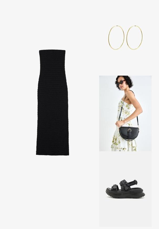 Schwarzes, eng anliegendes Midikleid aus strukturiertem Stoff. Es verfügt über eine schulterfreie, gerade Silhouette mit einem glatten, nahtlosen Design.; Schwarze Plattformsandalen mit verstellbaren Riemen, Gummisohle mit zerklüftetem Profil und strukturiertem Stoff für Komfort und Unterstützung.; Schwarze Lederhandtasche mit geschwungener Form, abnehmbarem Tragegurt und goldenen Beschlägen. Die Tasche verfügt über einen Deckel mit einer Schnallen-Details.; Goldene Creolen mit einem glatten, runden Design. Dünn und leicht, mit einem durchgehenden Ring ohne Verzierung.