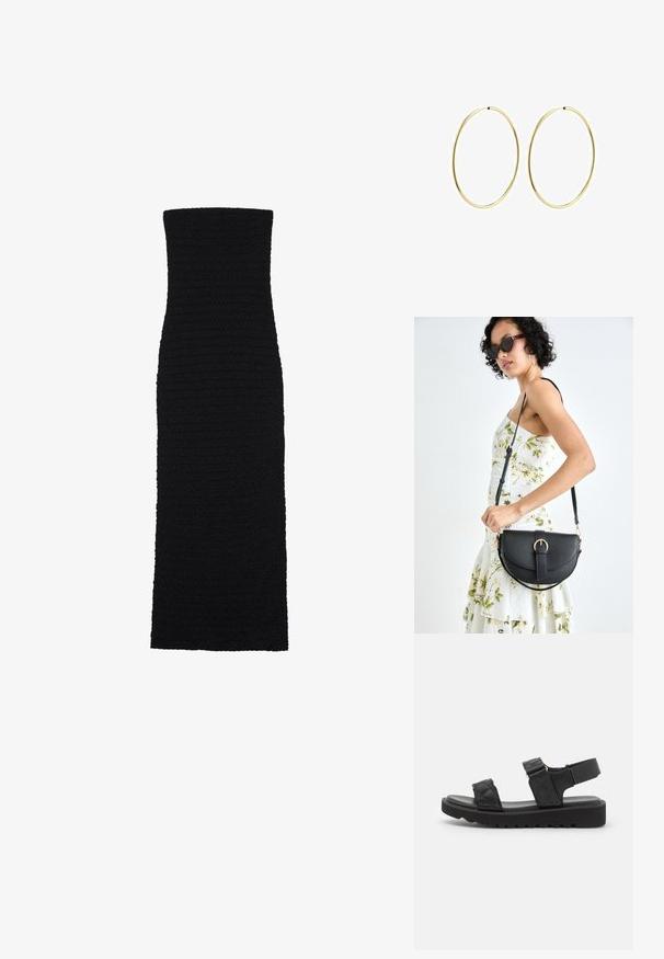 Črno, oprijeto midi obleko iz teksturirane tkanine. Ima brez naramnic, ravno silhueto z gladkim, brezšivnim dizajnom.; Črne platform sandale s kviltiranimi trakovi, odprti toe in nastavljivim zapestjem. Teksturiran gumijast podplat s cik-cak vzorcem za dober oprijem.; Črna usnjena torbica s ukrivljeno obliko, z odstranljivo naramnico in zlatimi dodatki. Torbica ima pokrov s podrobnostmi v obliki zaponke.; Zlate obroče za ušesa z gladkim, zaobljenim dizajnom. Tanki in lahki, z neprekinjenim krogom brez okrasnih elementov.