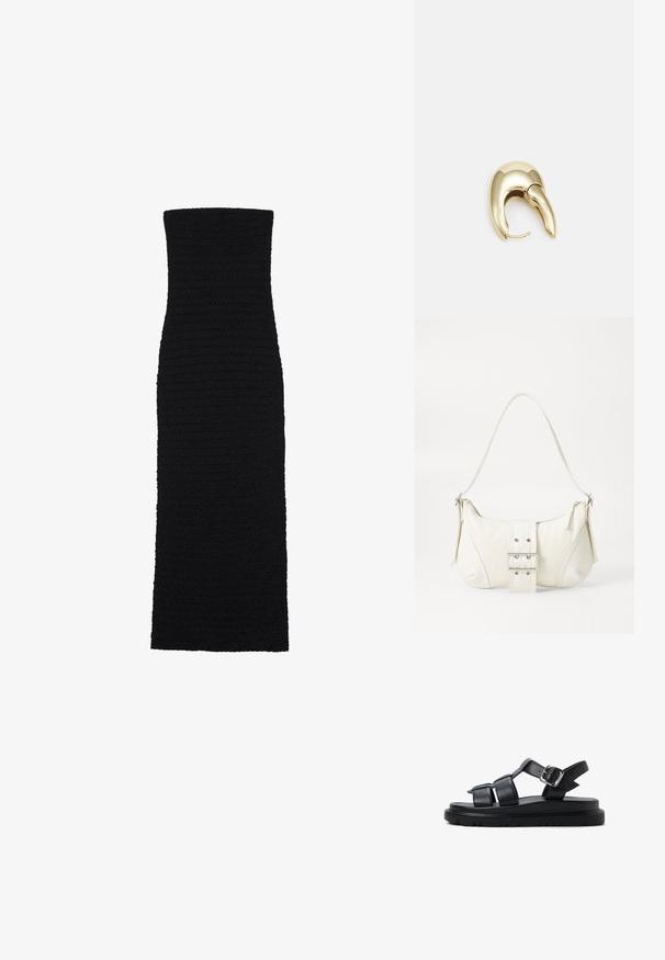 Czarna, dopasowana sukienka midi wykonana z teksturowanej tkaniny. Posiada bezramiową, prostą sylwetkę z gładkim, bezszwowym wykończeniem.; Czarne skórzane sandały z szerokimi paskami, zapięciem na klamrę oraz grubą, teksturowaną podeszwą z rowkami zapewniającymi przyczepność.; Biała torebka na ramię o fakturowanym wykończeniu, z centralnym akcentem w postaci klamry i zaokrąglonym kształcie. Zapięcia na zamek błyskawiczny po obu stronach.; Złote metalowe kolczyki o eleganckim, zakrzywionym kształcie. Posiadają charakterystyczny szpiczasty kształt, polerowaną powierzchnię oraz zapięcie na zawias.