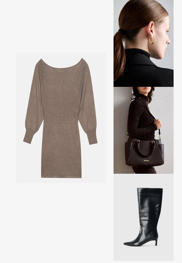 Brązowa dzianinowa sukienka z długimi, bufkowymi rękawami i szerokim dekoltem. Posiada ribbowaną talię i gładką, miękką teksturę na całej powierzchni.; Czarna skórzana kozaczka do kolan z ząbkowanym noskiem i niskim obcasem na jednolitym jasnym tle.; Czarna torebka z teksturowanej powierzchni, podwójnymi uchwytami na górze i regulowanym paskiem na ramię. Posiada złote okucia i boczne kieszenie.; Złoty kolczyk w kształcie obręczy o zaokrąglonym, lekko teksturowanym wzorze, noszony w lewym uchu na tle ciemnych włosów i czarnej odzieży.