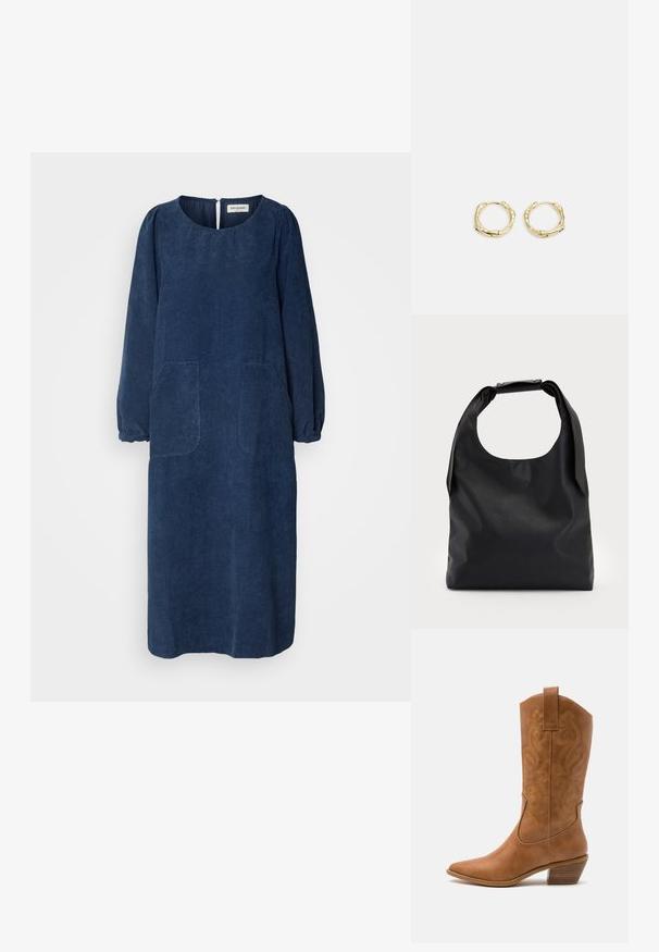 Tamsiai mėlynas kordūrinis suknelė su ilgomis pūstomis rankovėmis, apvalia iškirpte, dviem priekinėmis kišenėmis ir nugarinėmis skylutėmis. Minkšta, tekstūrinė medžiaga.; Ruda odinė kantri batai su smailiu būtų pirštu, siuvinėtais spiralės raštais ant viršaus ir su kamščiu blokuotu kulnu. Yra tamprių užtraukių, kad būtų lengviau užsidėti.; Juoda odinė hobo tipo rankinė su viena minkšta, apvalia rankena; pasižymi lygiu paviršiumi ir minimalizmu. Nėra matomų detalių ar akcentų.; Aukso žiedo auskarai su tekstūruotu, netaisyklingu paviršiumi. Yra be siūlių užsegimas ir poliruotas paviršius, akcentuojantis modernų dizainą.