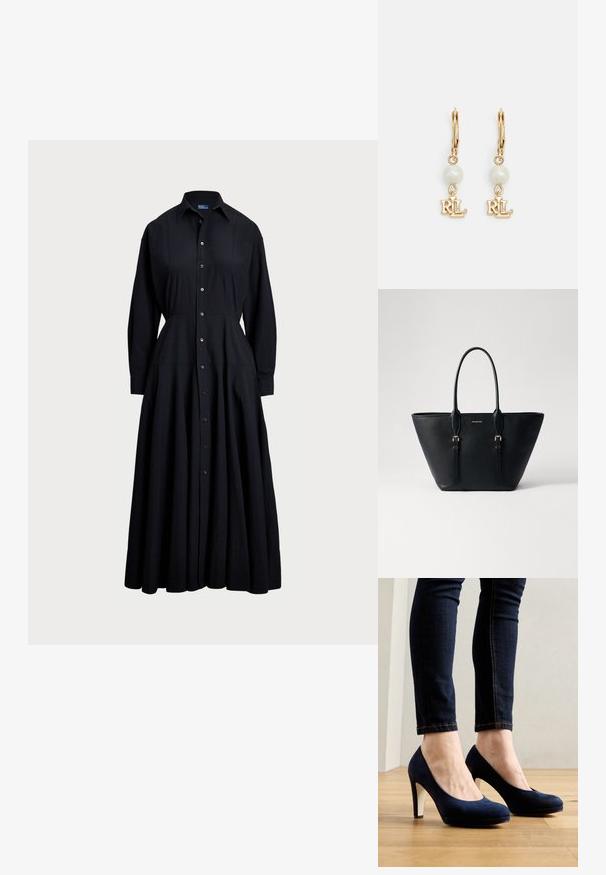 Robe noire à boutons, fabriquée en tissu léger. Elle possède un col, des manches longues, une jupe évasée et un design à boutons sur le devant.; Chaussures à talons hauts en velours bleu marine avec un bout rond et un talon blanc contrastant. Portées avec un jean skinny en denim sombre sur un sol en bois.; Sac fourre-tout en cuir noir avec finition texturée, forme allongée, doubles poignées et accents en métal doré.; Boucles d'oreilles en or en forme de créoles avec une perle blanche et un pendentif en forme de logo 'RL' suspendu en dessous. Texture lisse avec une finition en métal poli.