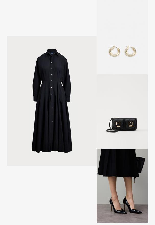 Crna haljina s dugim rukavima izrađena od lagane tkanine. Ima ovratnik, dugačke rukave, punu suknju i prednji dio s gumbima.; Crne lakirane kožne cipele s visokim potpeticama, šiljastim vrhom i niskim izrezom, s elegantnim siluetom i sjajnom teksturom.; Crna kožna torba preko ramena s dva prednja džepa, zlatnim kopčama, zatvaranjem na zip i uskim remenom. Teksturirana površina i kompaktan pravokutan oblik.; Lauren Ralph Lauren BASIC SMALL HOOP - Naušnice - gold-coloured