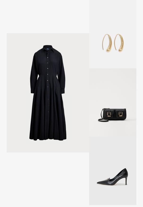 Svart knäppt klänning i lättviktig tyg. Har krage, långa ärmar, full kjol och knäppning fram.; Svart läderpumps med spetsig tå, låg skärning på framfoten och en dekorativ guldfinish. Har en stilettklack och en slät yta.; Svart läderaxelväska med två framfickor, guldspännen, dragkedjestängning och en smal rem. Texturerad yta och kompakt rektangulär form.; Guldtonade metallörhängen i en kurvad, avlång form. Har en slät, glänsande yta och en rundad spets för en extra detalj.
