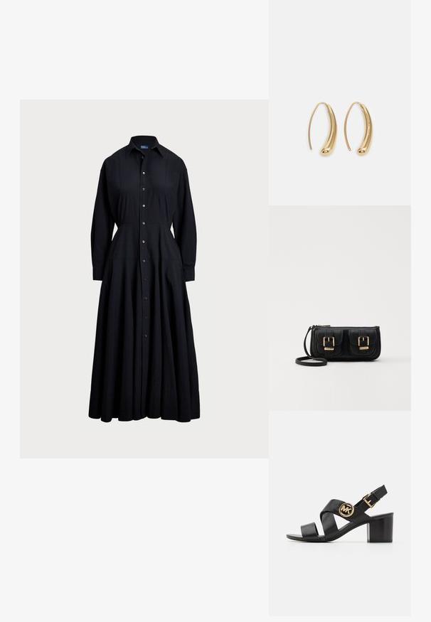 Svart skjorte-kjole laget av lett stoff. Har krage, lange ermer, full skjørt og design med knapplukking foran.; Svart lær sandaler med kryssede stropper og et rundt MK-logo. Blokkhælen er av medium høyde, noe som gir stabilitet og et elegant design.; Svart skinn crossbody veske med to frontlommer, gyldne spenner, glidelåslukking og en slank stropp. Teksturert overflate og kompakt rektangulær form.; Gullfargede metalløredobber med en buet, forlenget form. Har en jevn, blank overflate og en avrundet tupp for ekstra detaljer.