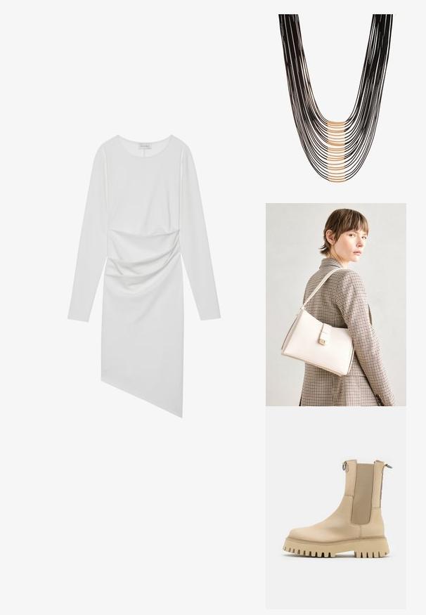 Witte lange mouw jurk met een ronde halslijn, geplooide details bij de taille en een asymmetrische zoom. Gladde stof met een lichte glans.; Bronx GROOV-Y - Enkellaarsjes met plateauzool - camel; Witte leren handtas met een gestructureerd ontwerp, voorzien van een magneetsluiting en een schouderriem, tentoongesteld tegen een neutrale achtergrond.; Zwarte multi-strand ketting met verstrengelde draden en gouden accenten, die een gelaagd ontwerp creëert met verschillende lengtes en texturen.