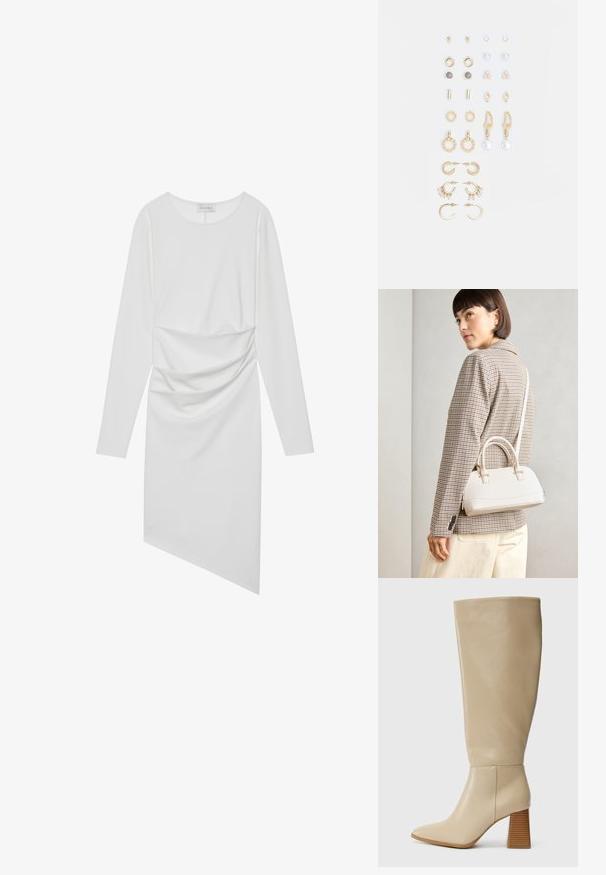 Hvit langermet kjole med rund hals, rynkede detaljer i midjen og asymmetrisk kant. Glatt stoff med en lett glans.; Beige lærknelange støvletter med spids tå, struktureret blokhæl og glat overflade. Søm detalje ved anklen og øverste kant.; Hvit strukturert håndveske med korte håndtak og skulderreim, med detaljer i gullfinish og teksturert materiale, vist mot en grå bakgrunn.; Sett med gullfargede øredobber med ulike design, inkludert stikkere, hoops og hengende deler med perler og rhinestones.