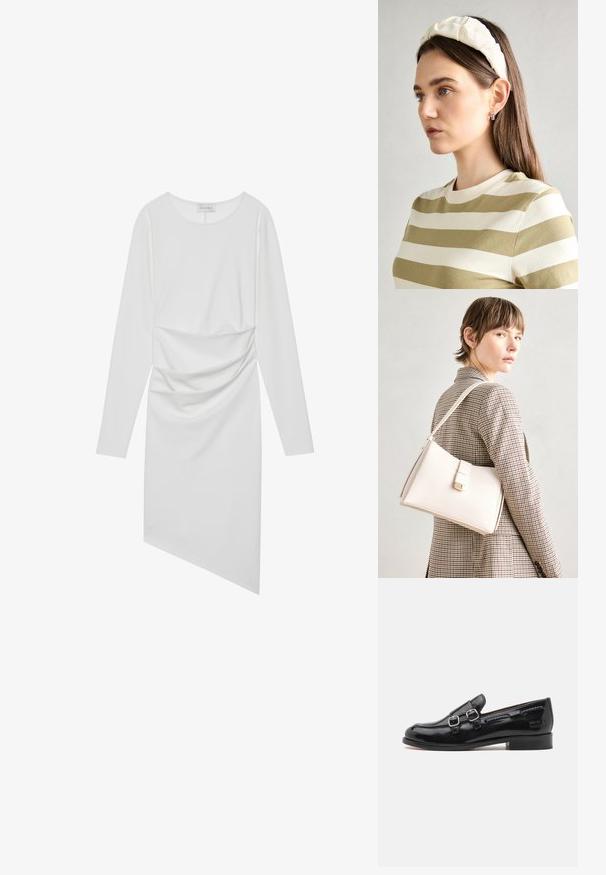 Vestido branco de manga longa com decote redondo, detalhes franzidos na cintura e uma bainha assimétrica. Tecido liso com um leve brilho.; Mocassim de couro verniz preto com detalhes em duas fivelas prateadas, bico ligeiramente arredondado e salto baixo empilhado. Detalhe de costura texturizada ao longo da parte superior.; Bolsa de mão em couro branco com um design estruturado, apresentando um fecho magnético e uma alça de ombro, exibida sobre um fundo neutro.; Fita de cabelo almofadada em creme com design torcido, acompanhada de uma camisa às riscas bege e branca com escote redondo. Acentos discretos em joias.