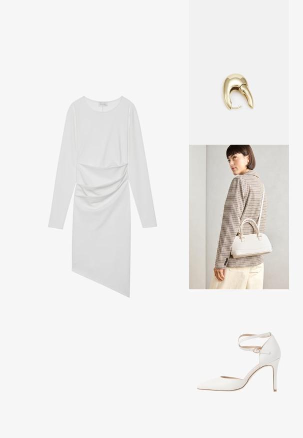 Hvid langærmet kjole med rund halsudskæring, rynkede detaljer ved taljen og en asymmetrisk kant. Glat stof med en let glans.; Hvid højhælet sko med spidse tå, ankelstrop og struktureret læderfinish. Har et elegant design og en tynd stilethæl.; Hvid struktureret taske med korte håndtag og en skulderrem, prydet med guldfarvede hardwaredetaljer og tekstureret materiale, præsenteret mod en grå baggrund.; Guldtonet metal ørering med et slankt, buet design. Har en karakteristisk spids form, poleret overflade og hængselåbning.