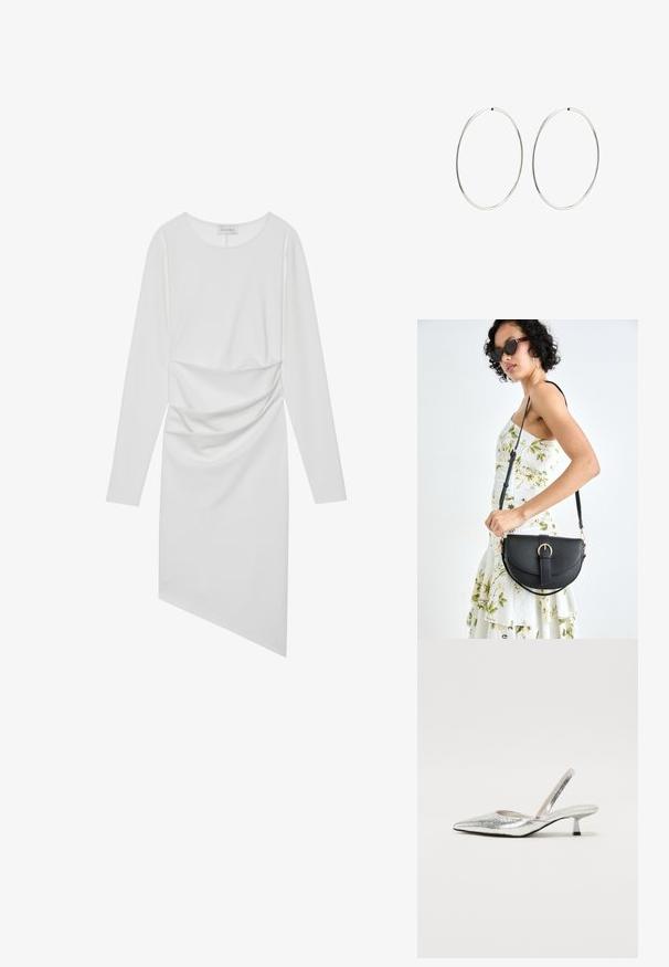 Bela obleka z dolgimi rokavi, okroglo izrezom, z nabranimi detajli na pasu in asimetričnim robom. Gladek material z rahlim sijajem.; Svetli slingback salonki s ošiljenim nosom, bleščečo teksturo, rahlo peto in izrezom za trak okoli gležnja. Eleganten in sodoben oblik.; Črna usnjena torbica s ukrivljeno obliko, z odstranljivo naramnico in zlatimi dodatki. Torbica ima pokrov s podrobnostmi v obliki zaponke.; Srebrne obročaste uhane z gladkim, okroglim dizajnom in poliranim zaključkom. So tanke in lahke, z enostavnim zapiranjem na sponko.