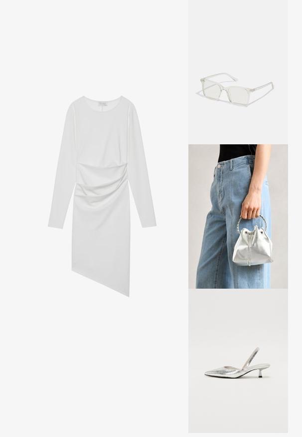 Hvit langermet kjole med rund hals, rynkede detaljer i midjen og asymmetrisk kant. Glatt stoff med en lett glans.; Sølv slingback hæl med spiss tå, glitrende tekstur, lett hæl og utskjæring for ankelstroppen. Elegant og moderne form.; Klare plastiske briller med kvadratisk innfatning og gjennomsiktige linser, med gullfiner på brillestengene for ekstra detalj.; Sølvfarget metallic bøtteveske med tekstur, dekorert med et rundt sølvhåndtak og snøring, holdt mot lyseblå jeans.