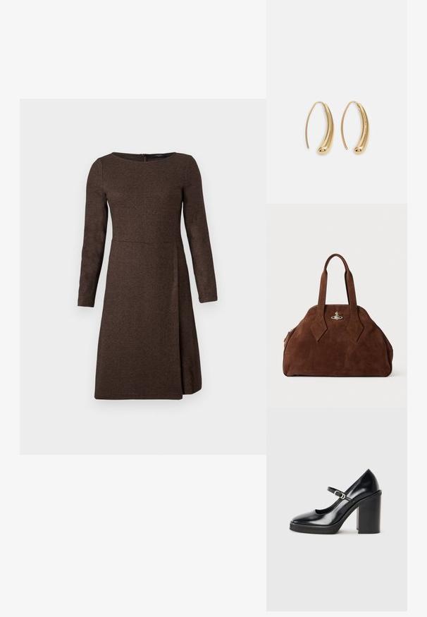 Brown long-sleeve dress with a textured fabric, fitted at the bodice, flaring out at the skirt, featuring a back zipper closure.; Black patent leather high heel shoe with a round toe, ankle strap, silver buckle detail, and a chunky block heel.; Brown suede handbag with a structured shape, rounded body, and elongated diamond-shaped handles. Features a silver hardware closure.; Gold-tone metal hoop earrings with a curved, elongated shape. Features a smooth, shiny surface and a rounded tip for added detail.