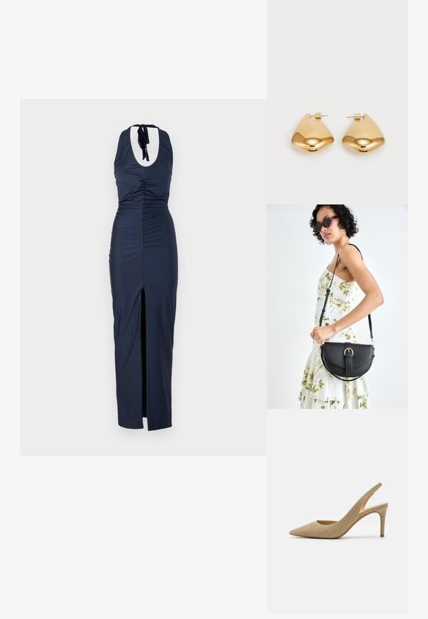 Navy blue halter neck dress with a gathered texture, side slit, and open back detail. Fabric is smooth and fitted throughout the silhouette.; MICHAEL Michael Kors ALINA FLEX SLING  - High heels - pale gold; Black leather handbag with a curved shape, detachable strap, and gold hardware. The bag features a flap with a buckle detail.; Gold-tone metal earrings with a smooth, rounded triangular shape and post-back design; reflective surface with minimal detailing.