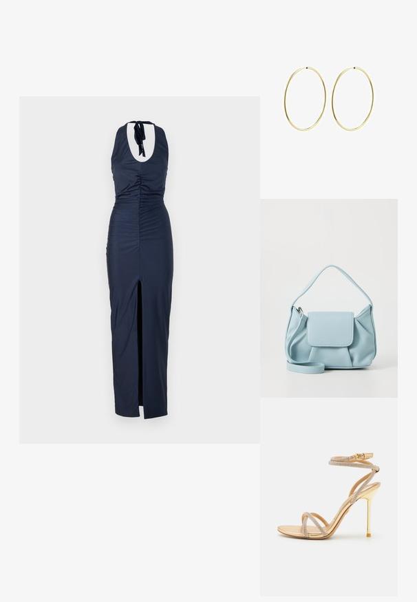 Robe à dos nu bleu marine avec une texture froncée, une fente sur le côté et un détail de dos ouvert. Le tissu est lisse et bien ajusté sur toute la silhouette.; ALDO MANAELDEN PILLOW WALK - Sandales à talons hauts - gold-coloured; Sac à main en cuir bleu clair avec une anse supérieure, poche à rabat avant et bandoulière amovible sur fond blanc.; Boucles d'oreilles en or en forme de créole lisse et arrondie. Fines et légères, elles présentent une boucle continue sans aucune ornementation.