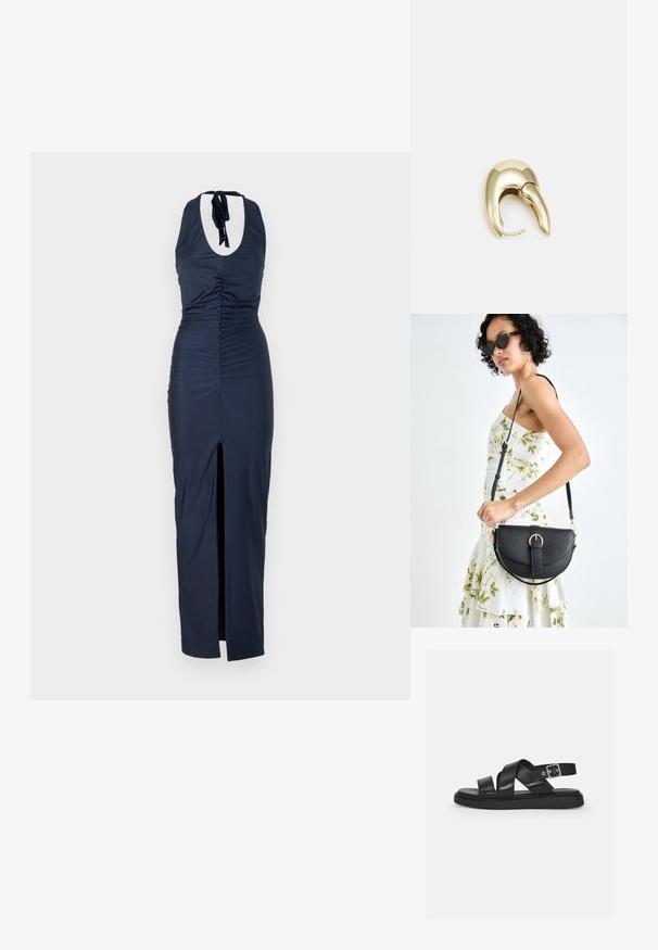 Navy blue halter neck dress with a gathered texture, side slit, and open back detail. Fabric is smooth and fitted throughout the silhouette.; Black leather sandals with crossed straps, adjustable ankle buckle, flat sole, and minimalist design. Smooth texture with matte finish.; Black leather handbag with a curved shape, detachable strap, and gold hardware. The bag features a flap with a buckle detail.; Gold-tone metal earring with a sleek, curved design. Features a distinctive pointed shape, polished surface, and hinge closure.