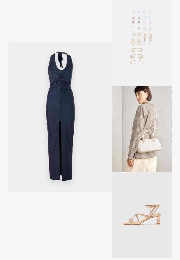 Rochie halter neck de culoare bleu marin, cu textură plisată, fanta laterală și detaliu cu spate deschis. Materialul este neted și se așază strâns pe siluetă.; Sandale cu toc deschise la vârf, din aur auriu metalizat, cu curele încrucișate decorate cu detalii strălucitoare și un toc bloc. Curea ajustabilă pentru gleznă.; Geantă structurată albă, cu mânere scurte și curea de umăr, având accente din metal aurit și material texturat, expusă pe un fundal gri.; Set de cercei aurii, cu diverse designuri, inclusiv cercei tip stud, cercei hoop și cercei lungi cu perle și strassuri.