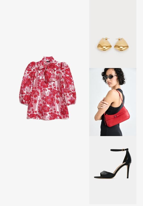 Piros virágos blúz puffos ujjakkal, magas nyakkal és masni részlettel. Csillogó anyagból készült, nagy virágmintával rózsaszín alapon.; Fekete magas sarkú szandál nyitott orral, sima bőrből készült felsőrész, bokapánt arany csattal és bézs talpbéléssel.; Piros bőr válltáska sima felülettel, ívelt dizájnnal és dekoratív csattal. Állítható pánt és cipzáras záródás.; Aranyszínű fém fülbevalók sima, lekerekített háromszög alakúak, tűs hátlappal; tükröződő felület minimális díszítéssel.