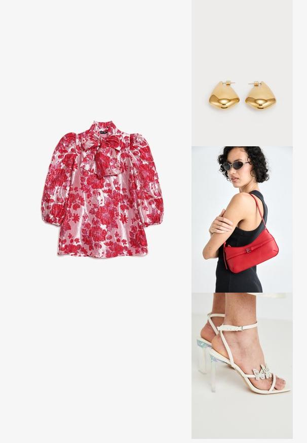 Red floral blouse with puff sleeves, high neck, and bow detail. Made of shiny fabric with a pattern of large flowers on a pink background.; White strappy heeled sandals with clear, iridescent block heels and decorative butterfly accents on the straps. Smooth leather texture.; Red leather shoulder bag with a smooth texture, curved design, and a decorative buckle accent. Adjustable strap and zip closure.; Gold-tone metal earrings with a smooth, rounded triangular shape and post-back design; reflective surface with minimal detailing.
