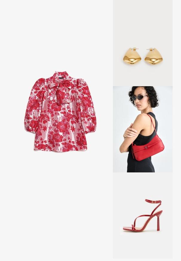 Sarkana ziedu blūze ar pūkainām piedurknēm, augstu apkakli un loku detaļu. Izgatavota no spīdīga auduma ar lielu ziedu rakstu rozā fonā.; ALDO SCINTILLA - Augstpapēžu sandales - red; Sarkans ādas plecu soma ar gludu tekstūru, izliekta dizaina un dekoratīvu sprādzi. Regulējams siksna un rāvējslēdzēja aizdare.; Zelta krāsas metāla auss gredzeni ar gludu, apaļu trīsstūra formu un āķa aizmuguri; atstarojoša virsma ar minimālu apdari.