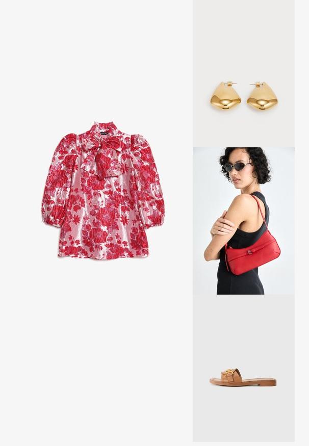 Blouse fleurie rouge avec manches bouffantes, col montant et détail nœud. Fabriquée en tissu brillant avec un motif de grandes fleurs sur fond rose.; Sandale en cuir marron avec une large lanière, accents en métal doré, semelle plate et design minimaliste. Convient pour une tenue décontractée.; Sac à épaule en cuir rouge avec une texture lisse, un design courbé et un accent de boucle décorative. Bandoulière ajustable et fermeture à glissière.; Boucles d'oreilles en métal doré avec une forme triangulaire lisse et arrondie et un design à attache de tige ; surface réfléchissante avec un minimum de détails.