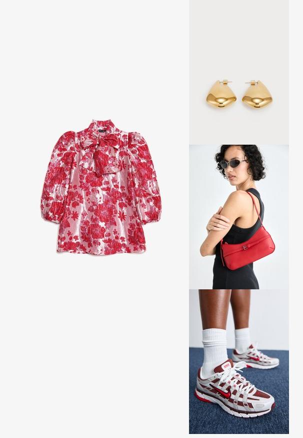 Rdeča cvetlična bluza z balonastimi rokavi, visokim ovratnikom in detajlom z mašno. Iz sijoče tkanine z vzorcem velikih cvetov na rožnati podlagi.; Nike teniske imajo sivo in belo mrežasto zgornji del z rdečimi poudarki, teksturiran podplat in bele vezalke. Nosijo se z belimi dolgimi nogavicami.; Rdeča usnjena torbica za ramo z gladko teksturo, ukrivljeno zasnovo in dekorativno zaponko. Prilagodljiv trak in zadrga.; Zlato obarvani kovinski uhani z gladko, zaobljeno trikotno obliko in zasnovo s pritrditvijo na zadnji strani; odbojna površina z minimalnim detajliranjem.