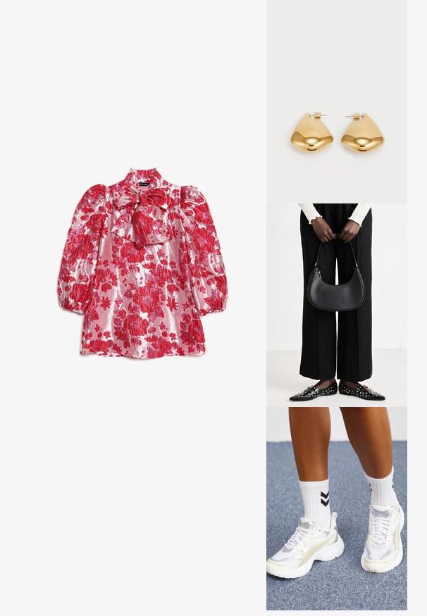 Rød blomsterbluse med pufærmer, høj hals og sløjfedetalje. Fremstillet i skinnende stof med mønster af store blomster på pink baggrund.; Hvide sneakers med sølvdetaljer, mesh-materiale og chunky design. Parret med hvide sokker med sorte chevronmønstre.; Sort læder skuldertaske med rund form, glat finish og sølv hardware. Person iført sorte brede bukser og nitter loafers.; Guldtonede metaløreringe med en glat, rund trekantet form og post-back design; reflekterende overflade med minimal detaljer.