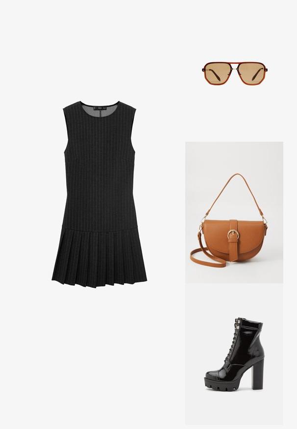 Črna brezrokavna obleka z navpičnimi črtami, prilegajočim se zgornjim delom in nabranim krilom. Tkanina je gladka z rahlo teksturirano površino.; RAID KYNLEE - Gležnjarji z vezalkami - black; Rjave osmerokotne sončne naočale s prozornim amber okvirjem in rjavimi lečami s senco. Imajo kovinski detajl na mostu in vitke temple.; Rjava usnjena torbica prek telesa s ukrivljeno obliko, zlate opreme in sponko. Ima odstranljiv naramni trak.