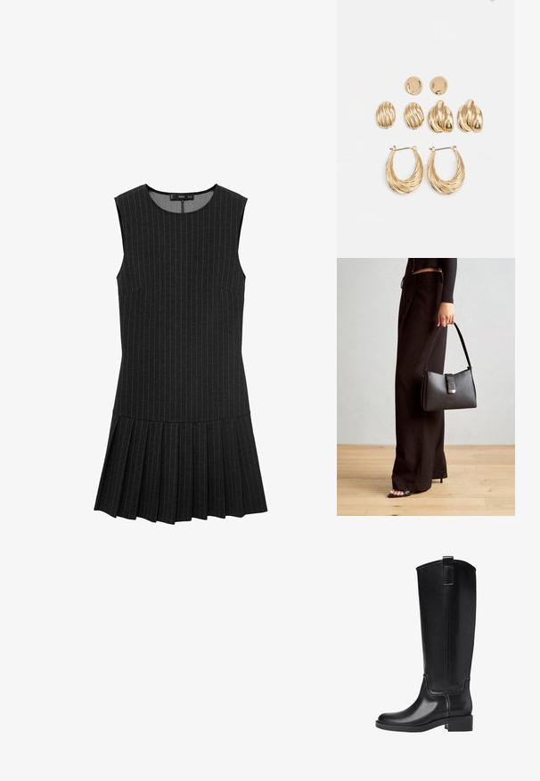 Robe noire sans manches avec des rayures verticales, un corsage ajusté et une jupe plissée. Le tissu est lisse avec une finition légèrement texturée.; Bottes noires montantes en matériau synthétique lisse. Caractéristiques d'un bout rond, d'un petit talon bloc, et de détails de couture verticale.; Sac à main noir à la forme structurée, texture lisse et fermoir métallique. Associé à un pantalon noir ample et des sandales ouvertes sur un sol en bois.; Ensemble de boucles d'oreilles dorées comprenant trois paires : des clous ovales texturés, des clous au design ondulé et de grandes boucles d'oreilles avec des nervures superposées.
