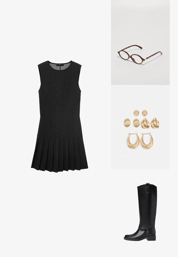 Abito nero senza maniche con strisce verticali, una corsetto aderente e una gonna plissettata. Il tessuto è liscio con una finitura leggermente testurizzata.; Stivali neri al ginocchio realizzati in materiale sintetico liscio. Presentano una punta rotonda, un tacco basso e dettagli con cuciture verticali.; Occhiali da vista in tartaruga con montatura ovale, lenti trasparenti e dettagli dorati. Presentano tempie curve e una finitura liscia e lucida.; Set di orecchini in tono oro che comprende tre paia: orecchini a perno ovali texturizzati, orecchini a perno con design ondulato e grandi orecchini a cerchio con scanalature sovrapposte.