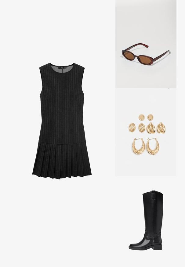 Černé šaty bez rukávů s vertikálními pruhy, přiléhavým živůtkem a skládáním na sukni. Materiál je hladký s mírně texturovaným povrchem.; Černé kozačky po kolena vyrobené z hladkého syntetického materiálu. Mají zaoblenou špičku, nízký blokový podpatek a detailování ve vertikálních švech.; Kulaté sluneční brýle hnědé barvy s lesklým burgundským rámem. Úzké nožičky s jemným logem. Rovné čočky.; Souprava náušnic ve zlatém tónu, která obsahuje tři páry: texturované oválné náušnice, náušnice s vlnitým designem a velké kruhové náušnice s vrstvenými rýhami.