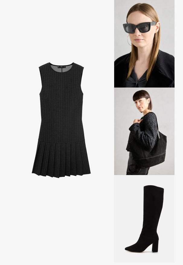 Crna haljina bez rukava s vertikalnim prugama, prikladnim bodicem i nabranom suknjom. Tkanina je glatka s lagano teksturiranom završnom obradom.; Crne čizme do koljena izrađene od ante, s oštrim vrhom, blok petom i glatkom teksturom bez vidljivih uzoraka ili metalnih dijelova.; Crne mačje naočale s tamnim staklima, debelim okvirima i suptilnim detaljima. Nosit će se s crnim kaputom i sivoj majici, s dugom ravnom kosom.; Crna suede torba s glatkom teksturom, strukturiranim oblikom i kontrastnim šavovima. Ima duge trake za nošenje preko ramena.