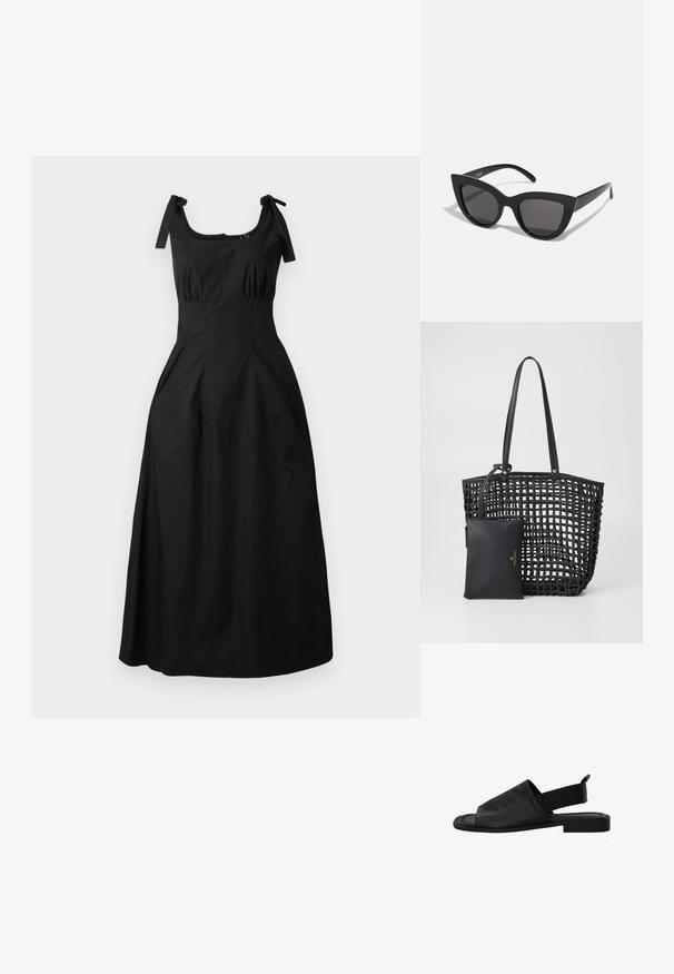 Schwarzes Maxikleid aus glattem Baumwollstoff, mit quadratischem Ausschnitt, gerafftem Oberteil und verstellbaren Trägern. Ausgestellte Silhouette mit seitlichen Taschen.; Schwarze Leder-Slingback-Sandale mit einem elastischen Band, offener Zehenpartie und flacher Sohle. Sie zeichnet sich durch eine glatte Textur und ein minimalistisches Design aus.; Schwarze Cat-Eye-Sonnenbrille mit matter Oberfläche, grauen getönten Gläsern, scharfen Kanten und schlanken Bügeln. Der Markenname ist auf dem inneren Bügel sichtbar.; Schwarze gewebte Tragetasche mit langen Tragegriffen, ausgestattet mit einem abnehmbaren schwarzen Beutel mit goldfarbenem Logo, strukturiertem Oberfläch und offenem Design.