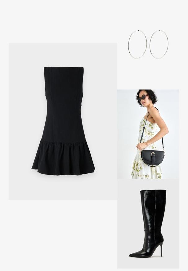 Črna brezrokavna obleka s prilegajočim zgornjim delom in razširjenim volanastim robom. Narejena je iz teksturirane tkanine z gladko površino in brez vidnih kovinskih delov.; Črne usnjene škornje do kolen s koničastim nosom in visokim stiletto peto. Gladka tekstura in eleganten dizajn, ki vključuje minimalne detajle.; Črna usnjena torbica s ukrivljeno obliko, z odstranljivo naramnico in zlatimi dodatki. Torbica ima pokrov s podrobnostmi v obliki zaponke.; Srebrne obročaste uhane z gladkim, okroglim dizajnom in poliranim zaključkom. So tanke in lahke, z enostavnim zapiranjem na sponko.