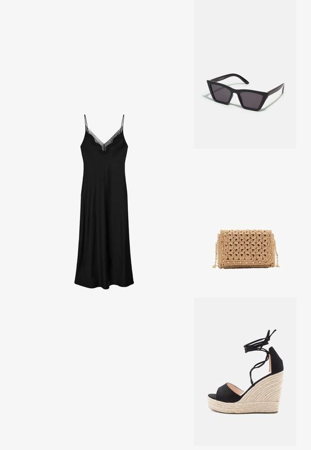 Sort ærmeløs kjole med tynde stropper, der har en V-udskæring med blonder og en let, svag silhuet, lavet af blødt stof.; Sorte ruskinds wedgesandaler med en vævet jute platform, der har krydsede ankelremme og et åbent tådesign.; Sorte, kantede solbriller med grå linser; lavet af plast, med tykke stænger med en glat overflade og ingen synlig hardware.; Hæklet taske i lys beige, med et tekstureret mønster. Guld kædestrop, med dekorative studs langs kanterne for ekstra detaljer.